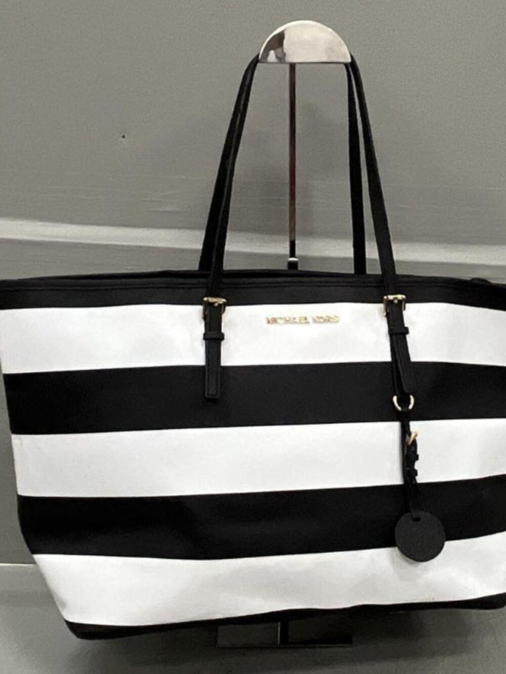 Michael Kors Jet Set Large Striped Saffiano Leather Tote Bag – Black & White
